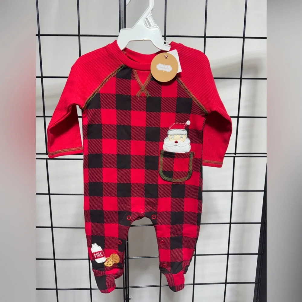 Mud Pie Santa Christmas Boy Girl Cookies One Pc Red Black Plaid Sleeper 0-3m NWT